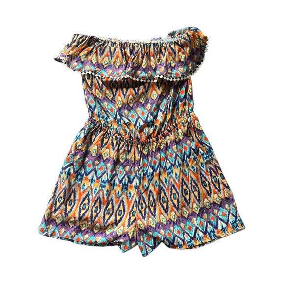 Boho Tube Top Romper Small Tribal Print Elastic Waist Ruffle Pom Trim Coachella - Picture 7 of 13